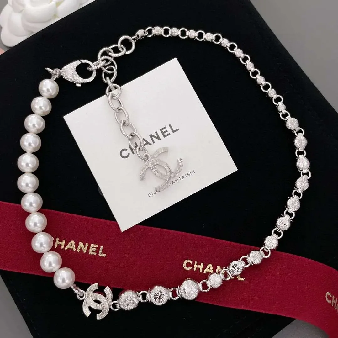 Chanel Half Bead Choker Necklace Silver Chanel Half Bead Choker Necklace Silver