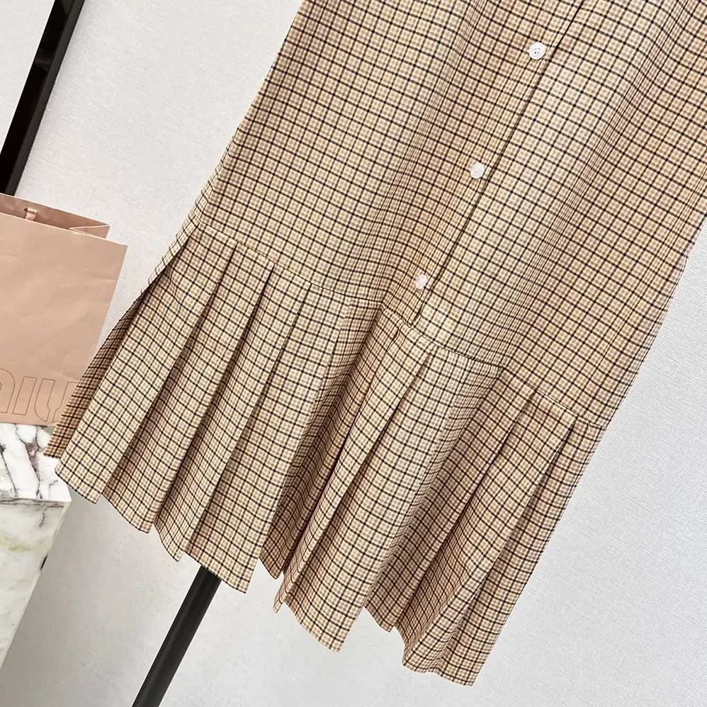 Miu Miu Pleated Check Dress with Embroidered Logo for Women