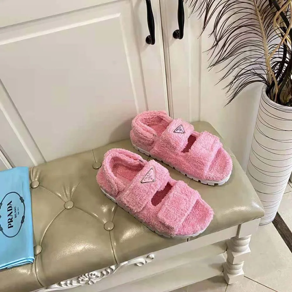 Prada Terrycloth Sandals with Enameled Metal Triangle Logo for Women in Pink