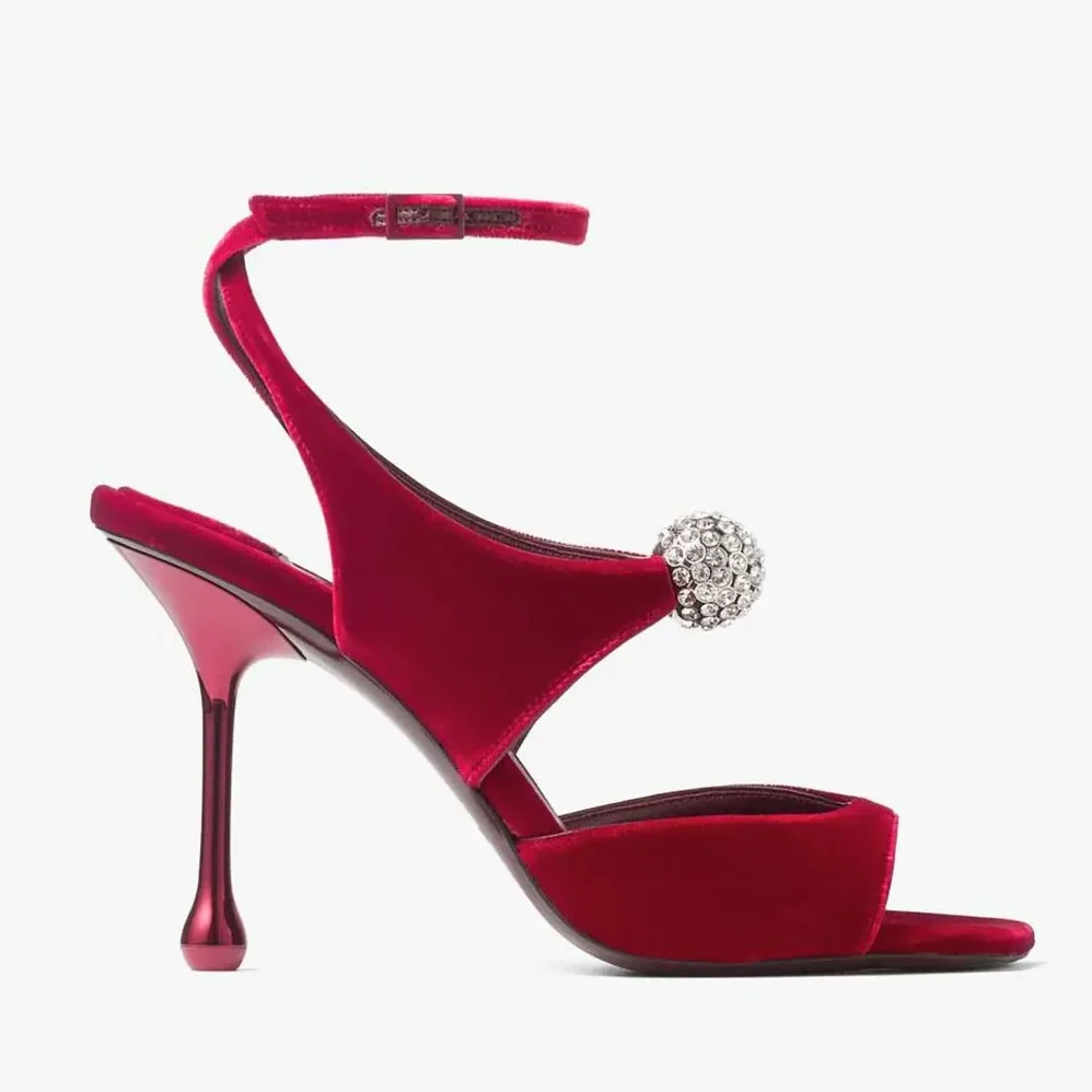 Jimmy Choo Orb 95 Ruby Red Velvet Sandals for Women