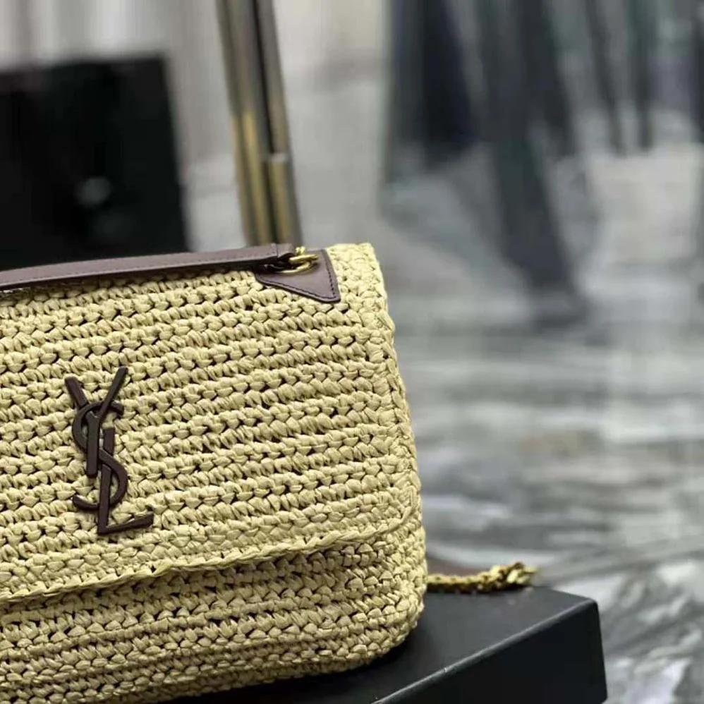 Saint Laurent YSL Niki Medium Chain Bag in Raffia and Leather for Women in Brown