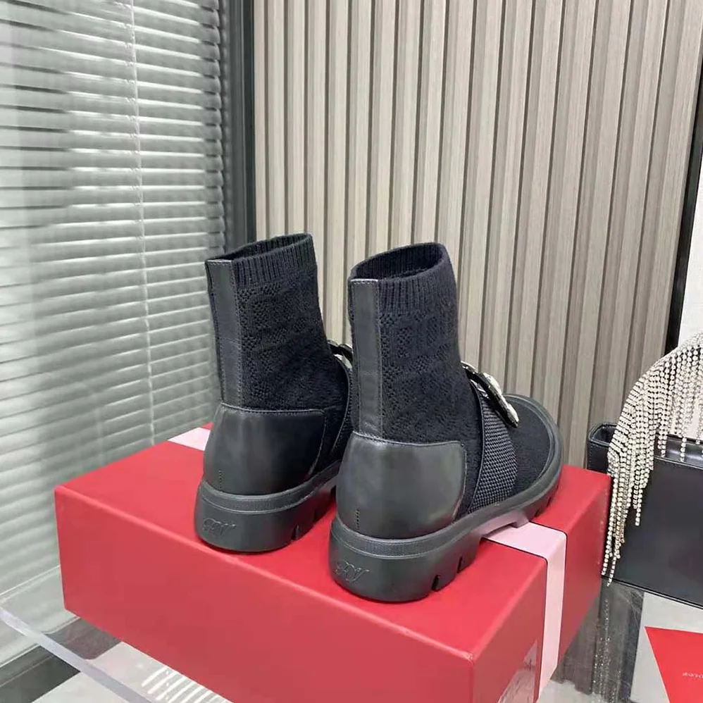 Roger Vivier Walky Viv' Rhinestone Buckle Socks Ankle Boots in Fabric for Women in Black Roger Vivier Walky Viv' Rhinestone Buckle Socks Ankle Boots in Fabric for Women in Black