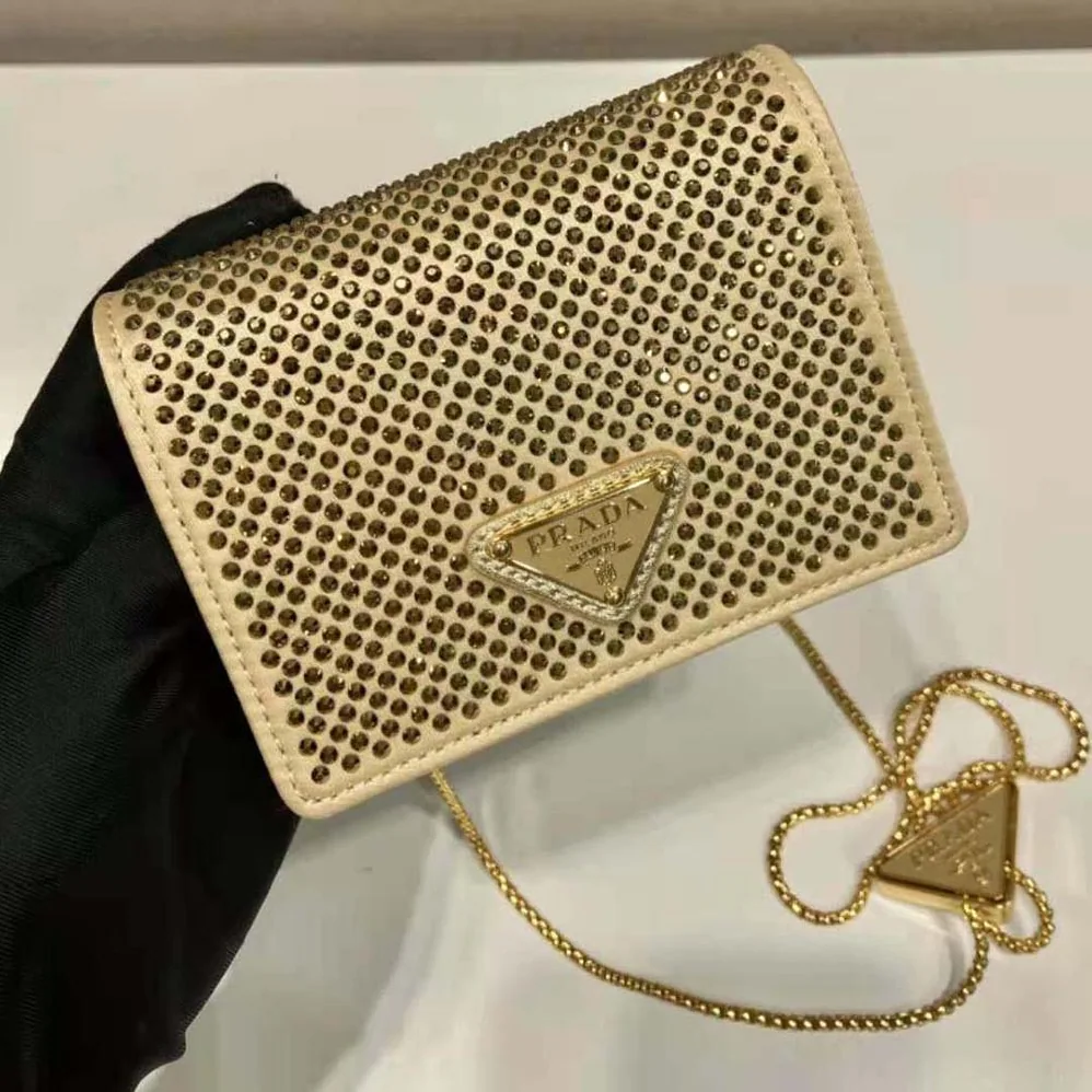 Prada Cardholder with Shoulder Strap and Crystals for Women in Gold