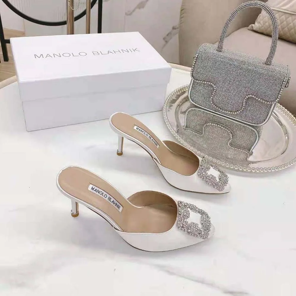 Manolo Blahnik Off-White Satin Jewel Buckle Mules for Women