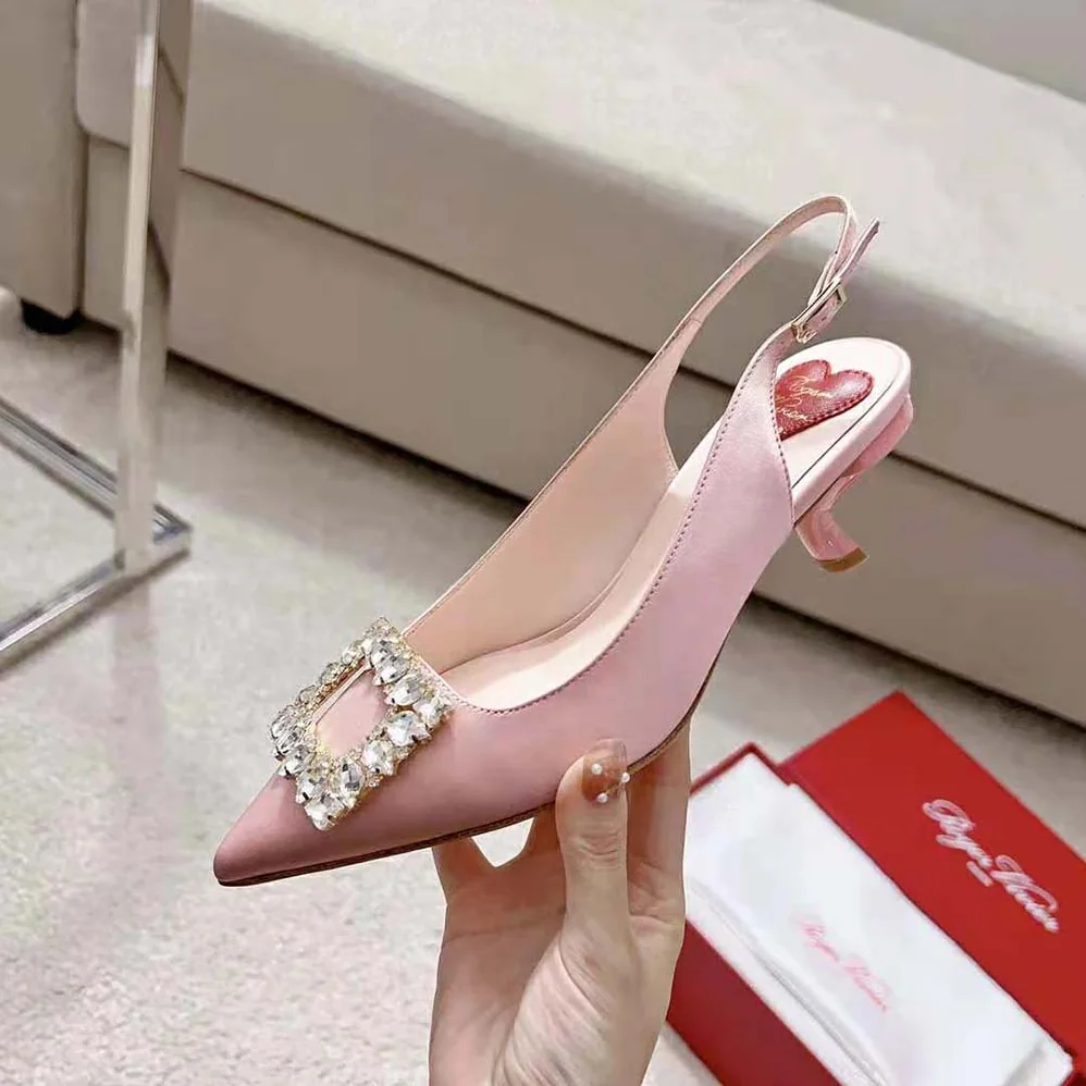 Roger Vivier Virgule Strass Buckle Slingback Pumps in Satin for Women in Pink Roger Vivier Virgule Strass Buckle Slingback Pumps in Satin for Women in Pink
