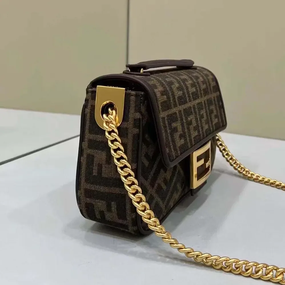 Fendi Baguette Chain MidiBrown FF Jacquard Fabric Bag for Women