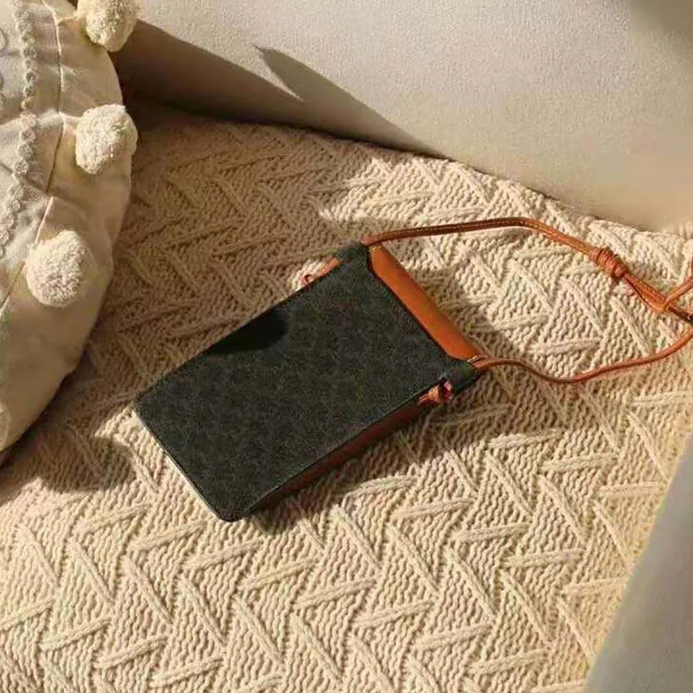 Celine Phone Pouch with Flap in Triomphe Canvas and Lambskin for Women in Brown