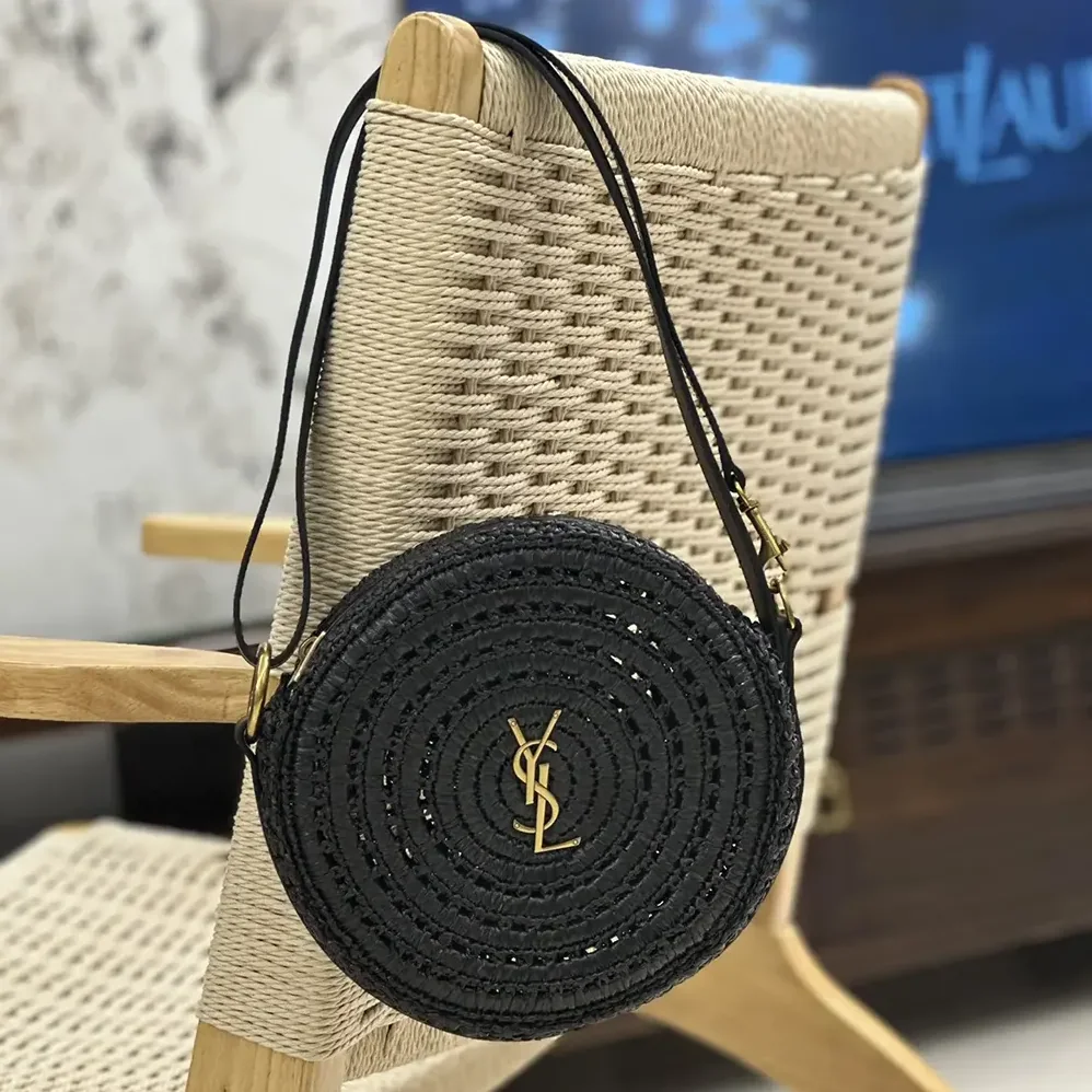 Saint Laurent YSL Round Bag in Raffia and Vegetable-Tanned Leather for Women in Black Saint Laurent YSL Round Bag in Raffia and Vegetable-Tanned Leather for Women in Black