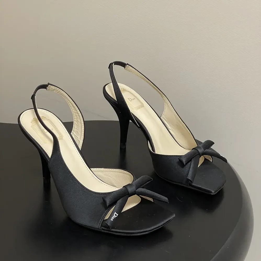 Dior Dior Bow Heeled Slingback Sandal Black Satin for Women
