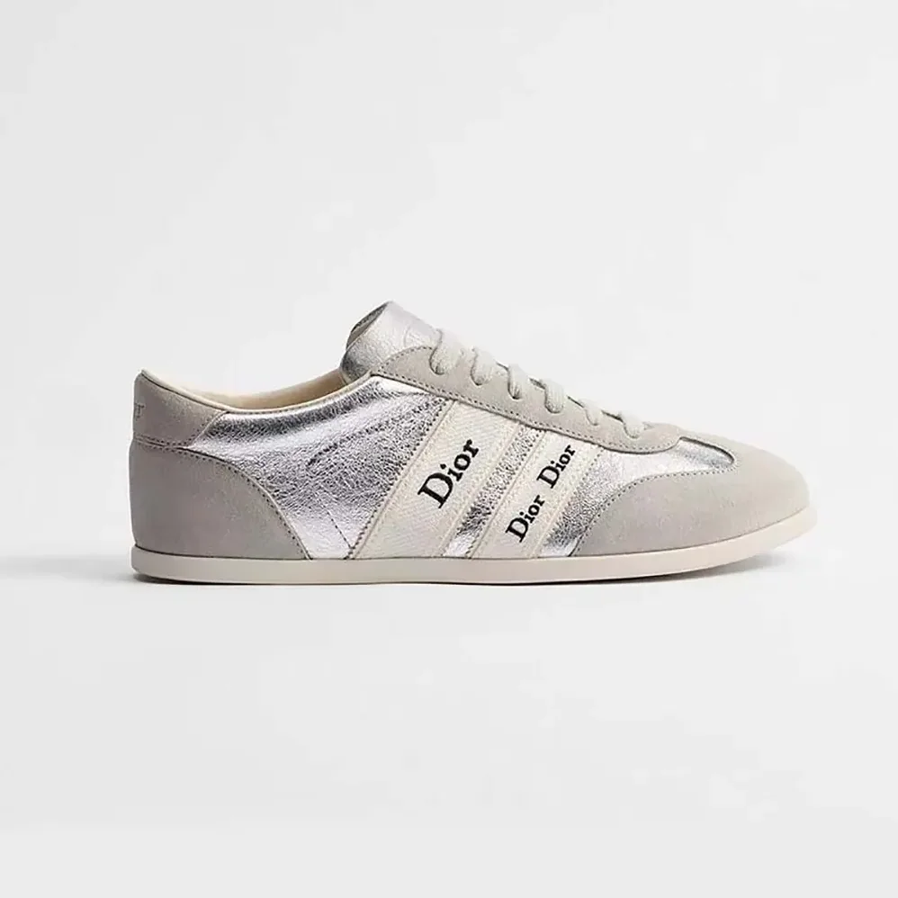 Dior Ribbon Sneaker Gray Suede Calfskin and Silver for Women in Tone Crinkled Laminated Lambskin Dior Ribbon Sneaker Gray Suede Calfskin and Silver for Women in Tone Crinkled Laminated Lambskin