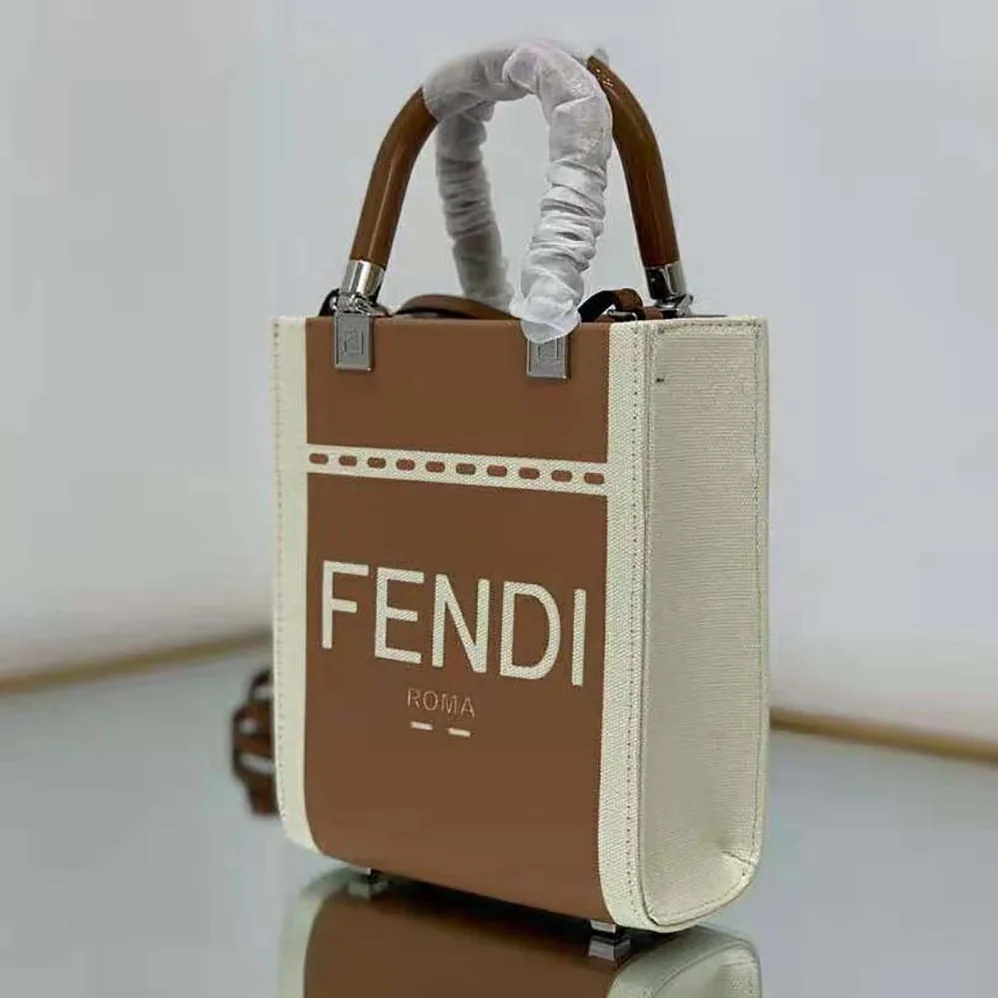 Fendi Mini Sunshine Shopper Brown Patent Leather and Canvas Mini for Women in Bag