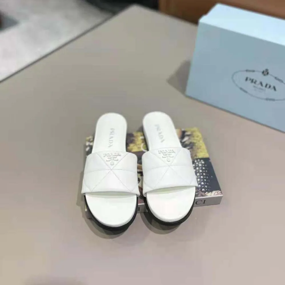 Prada Nappa Leather Slides in 20mm Heel for Women in White