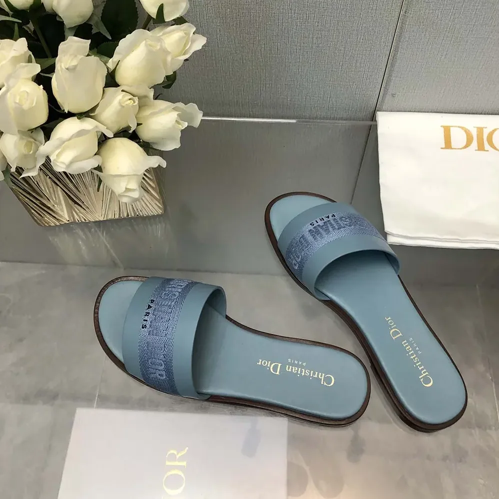 Dior Dway Slide Pastel Blue Calfskin and Embroidered Cotton for Women
