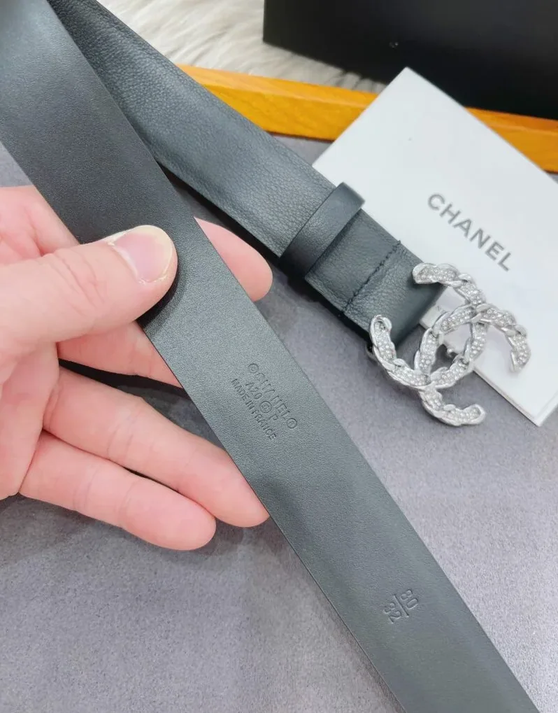 Chanel Shiny Silver Tone Chain Interlocking C Belt Black