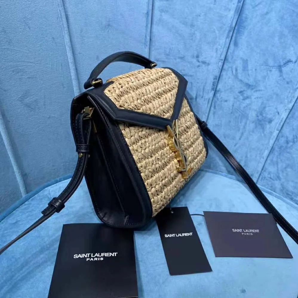 Saint Laurent YSL Cassandra Mini Top Handle Bag in Raffia and Leather for Women