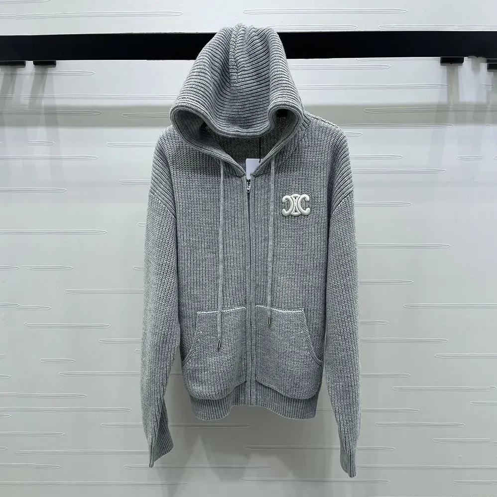Celine Hooded Cardigan In Ribbed Wool for Women in Grey