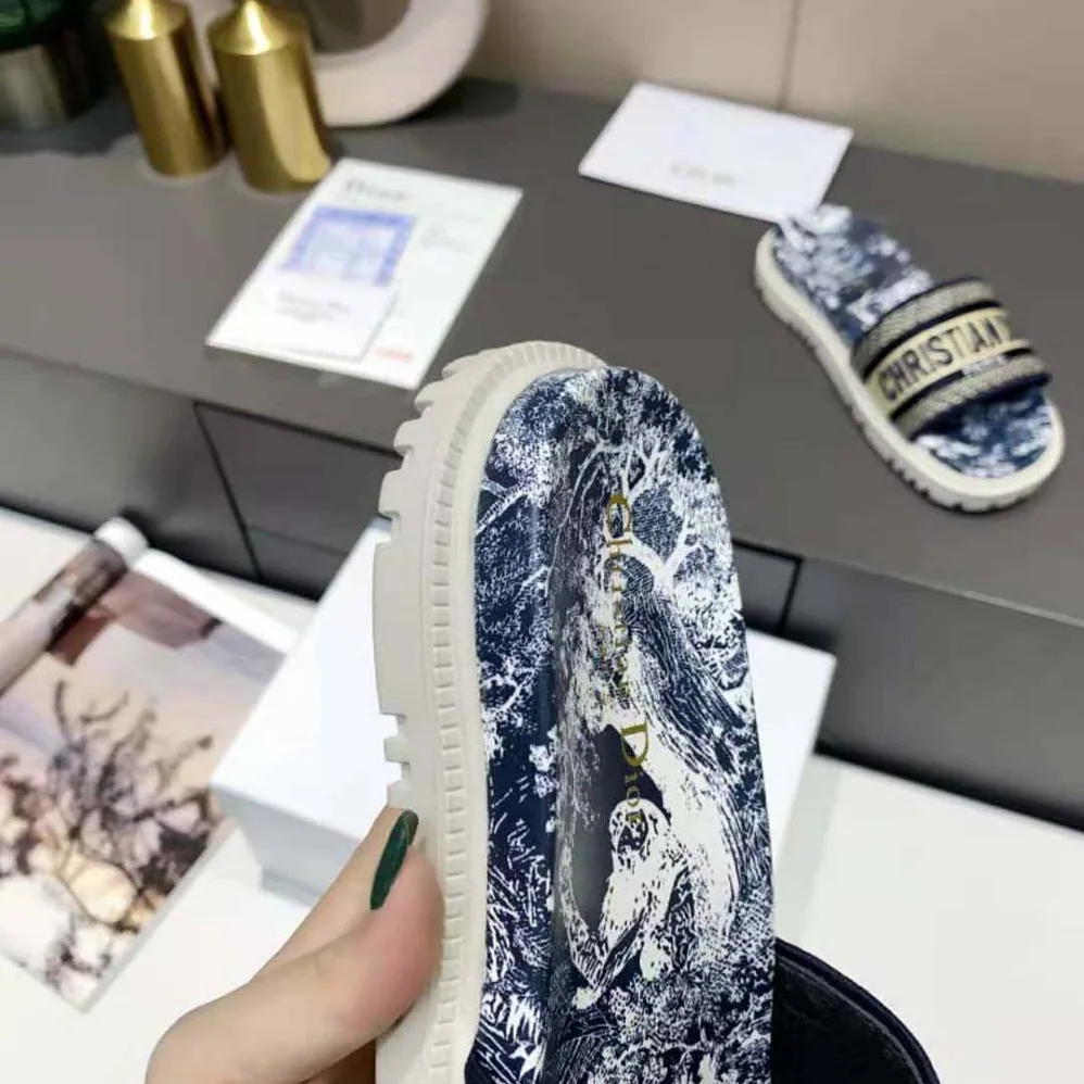 Dior Dway Slide Deep Blue Toile de Jouy Reverse Embroidered Cotton for Women
