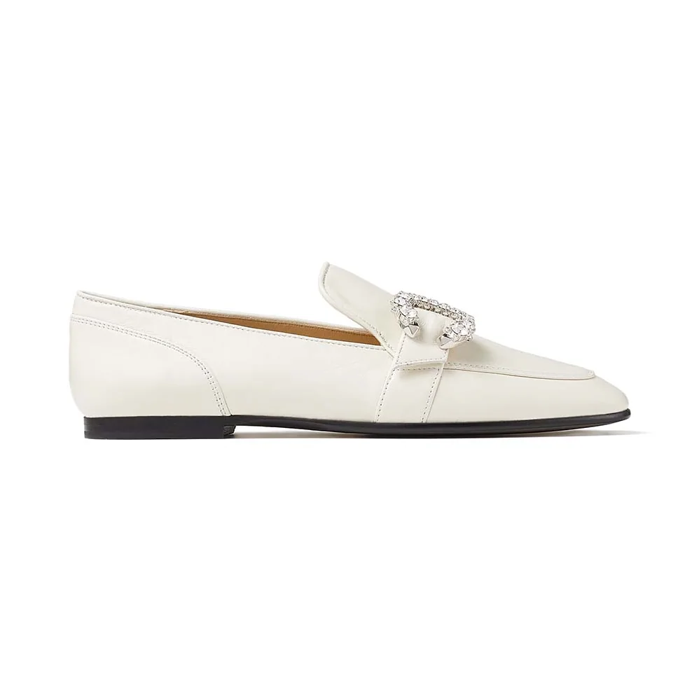 Jimmy Choo Mani Flat Latte Nappa Leather Loafers with Crystal Buckle for Women Jimmy Choo Mani Flat Latte Nappa Leather Loafers with Crystal Buckle for Women