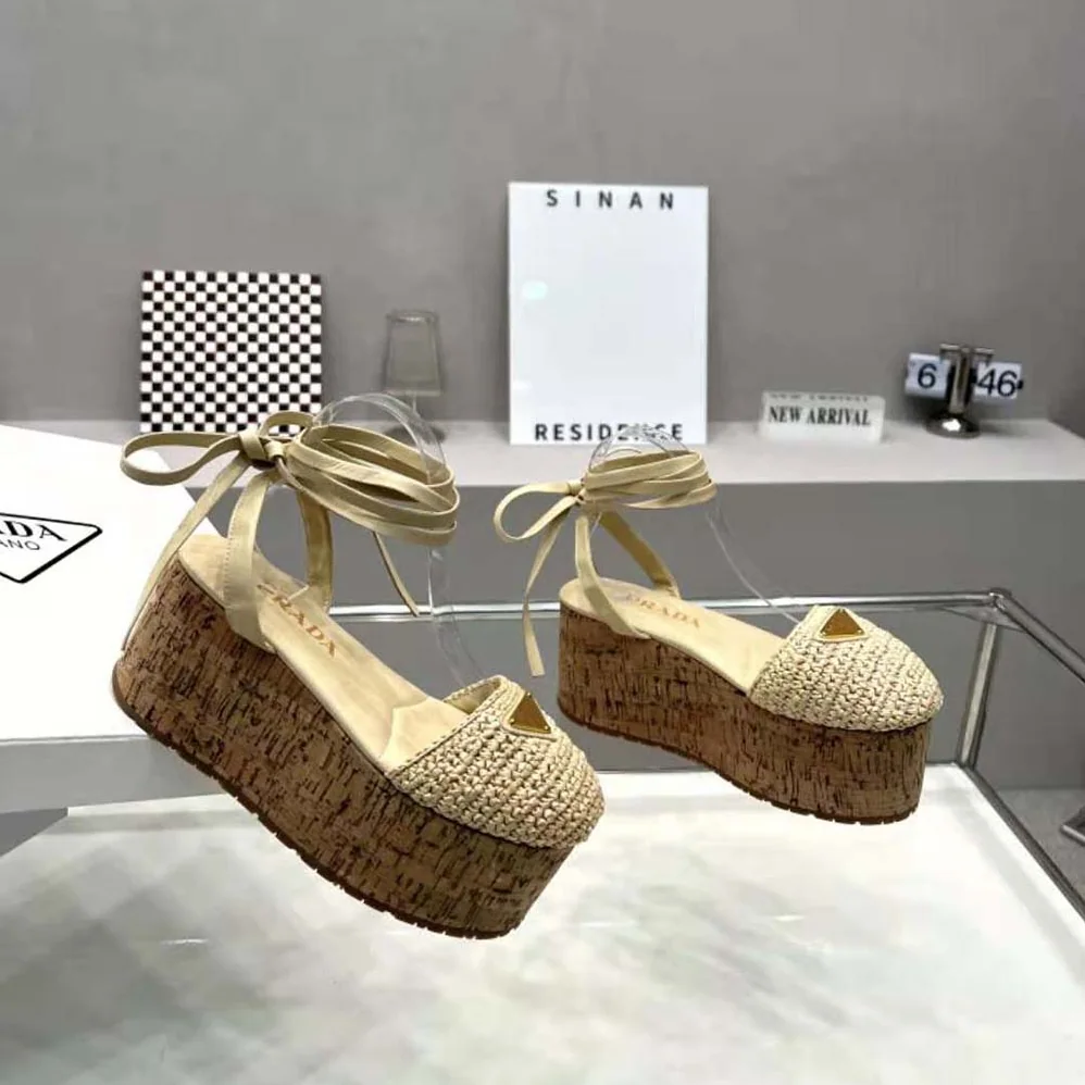 Prada Crochet Wedge Sandals with Enameled Metal Triangle Logo for Women in Beige Prada Crochet Wedge Sandals with Enameled Metal Triangle Logo for Women in Beige