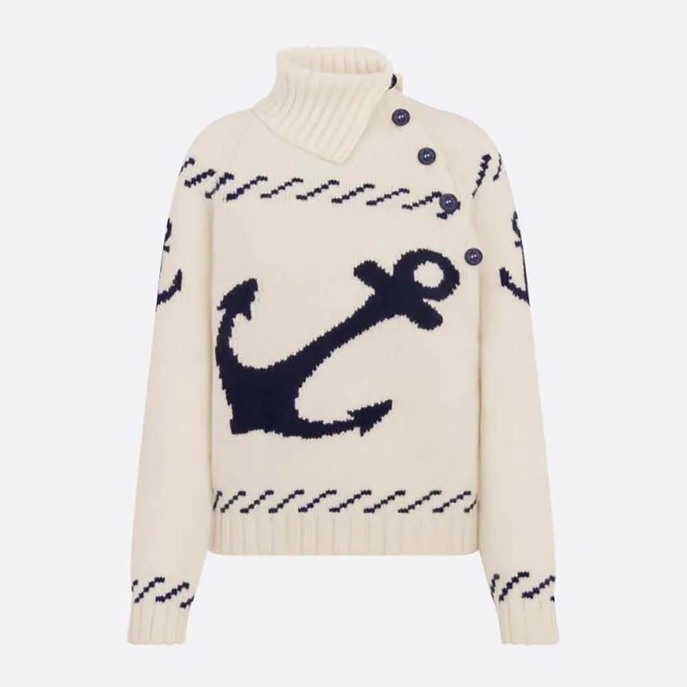 Dior Turtleneck Sweater Ecru and Navy Blue Wool and Cashmere Knit with Signature for Men