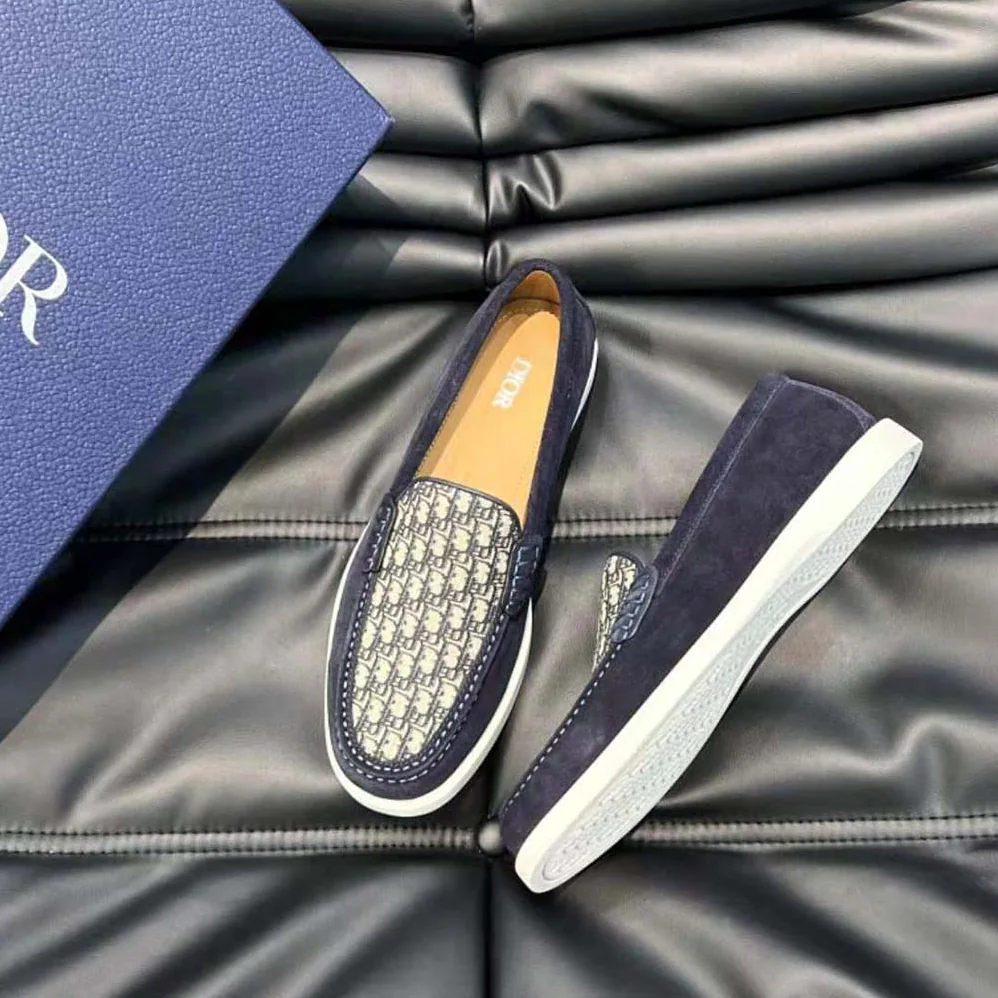 Dior Granville Loafer Navy Blue Suede with Beige and Black Dior Oblique Jacquard for Men