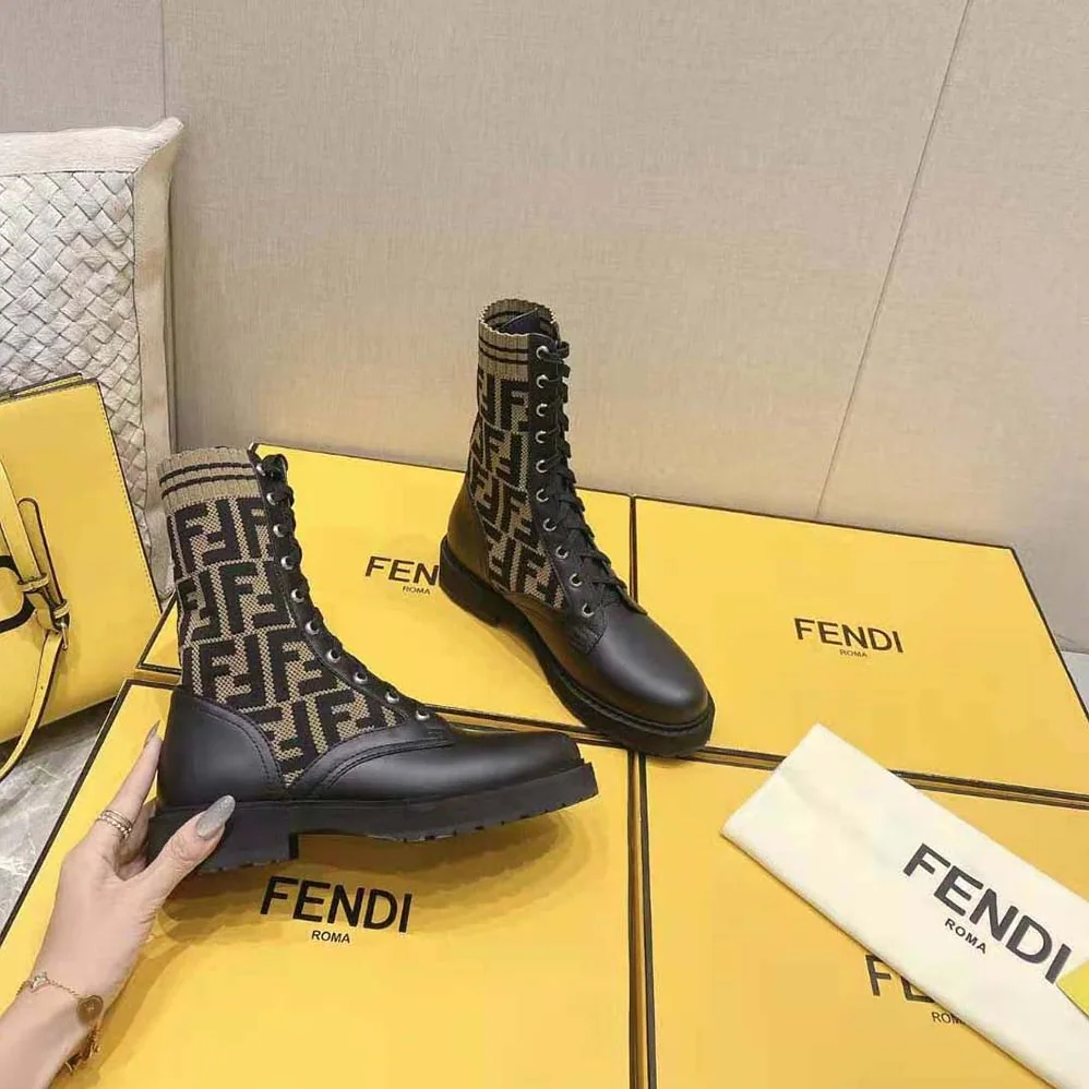 Fendi Rockoko Black/Brown Leather Biker Boots with Stretch Fabric for Women