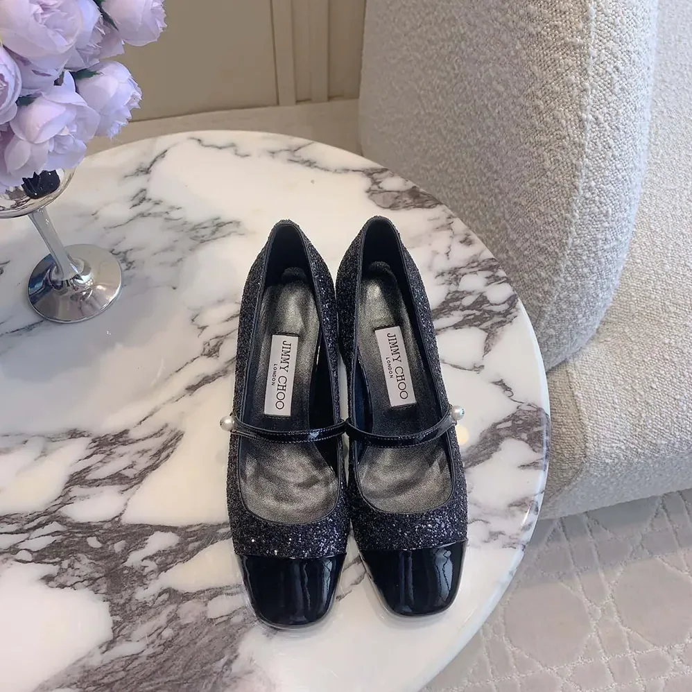 Jimmy Choo Elisa 45 Black Leather Glitter Pumps for Women Jimmy Choo Elisa 45 Black Leather Glitter Pumps for Women