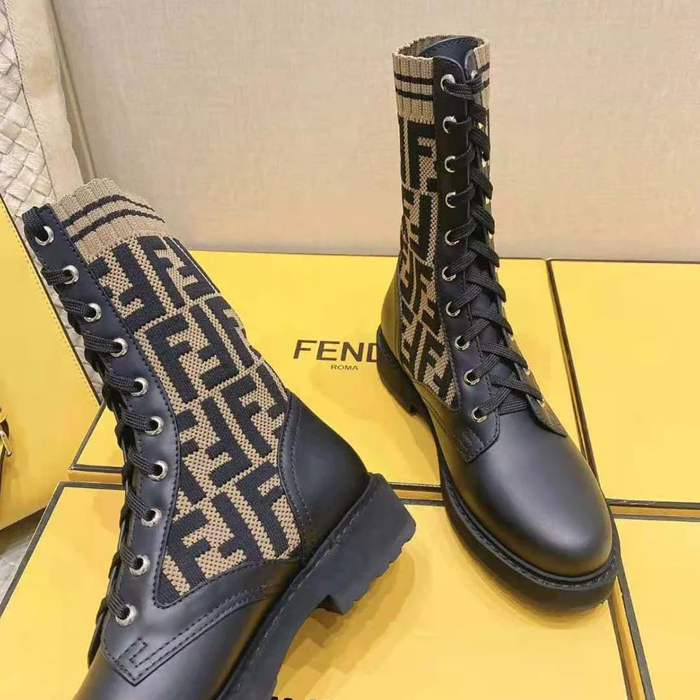 Fendi Rockoko Black/Brown Leather Biker Boots with Stretch Fabric for Women