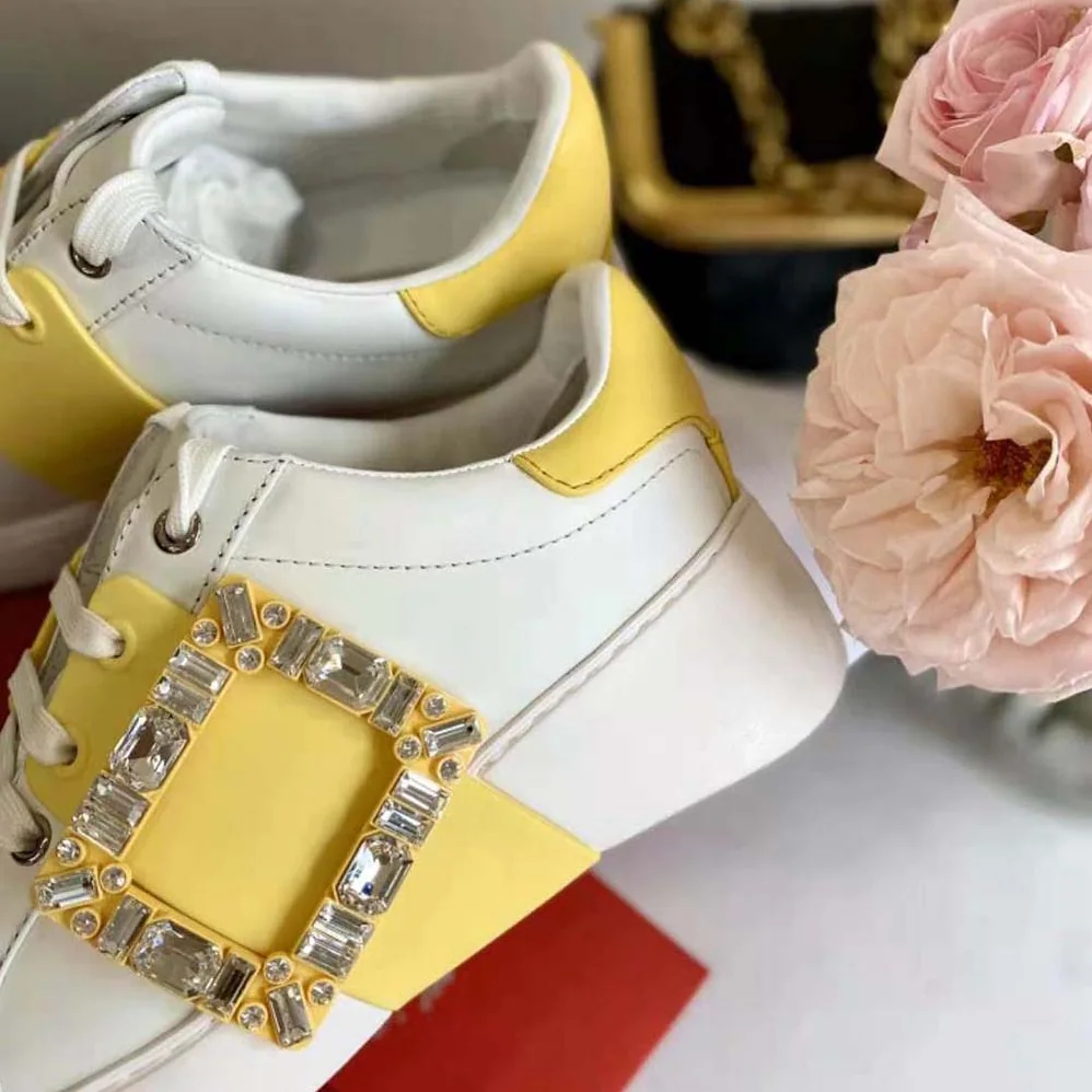 Roger Vivier Viv Skate Strass Buckle Sneakers in Soft Leather for Women in Yellow