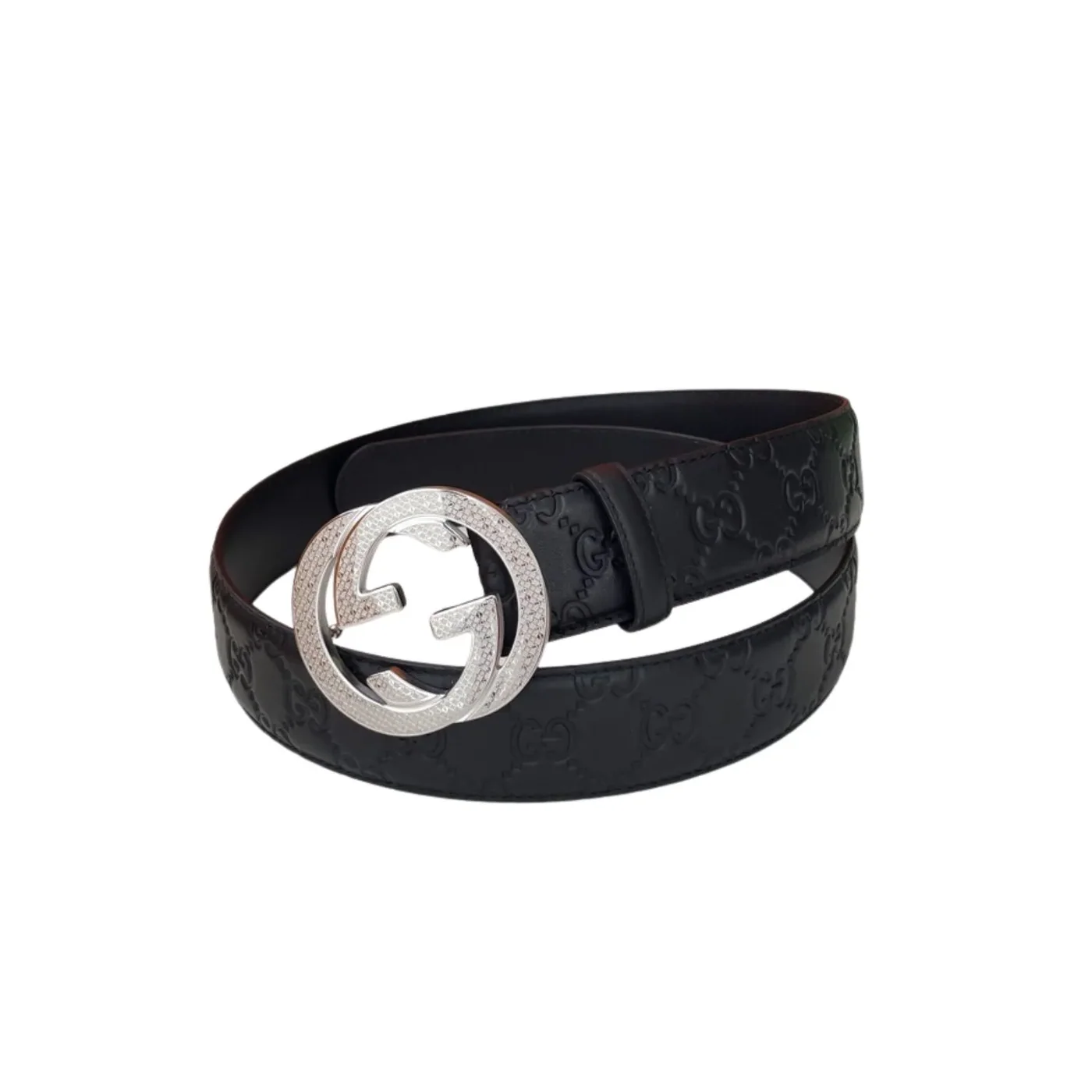 Gucci Iconic GG Buckle Belt Embossed Black With Silver Bling Buckle Gucci Iconic GG Buckle Belt Embossed Black With Silver Bling Buckle
