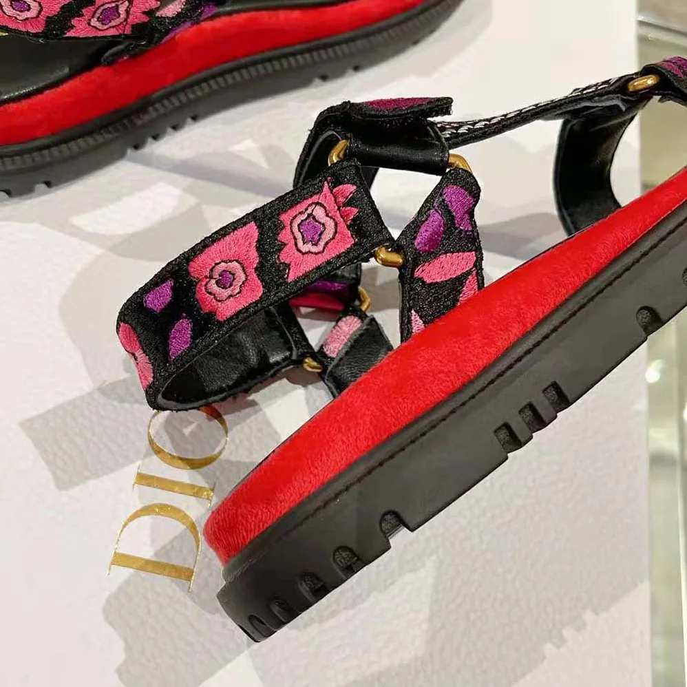 Dior D-wave Sandal Indy Pink Multicolor Cotton with Jardin Indien Embroidery for Women