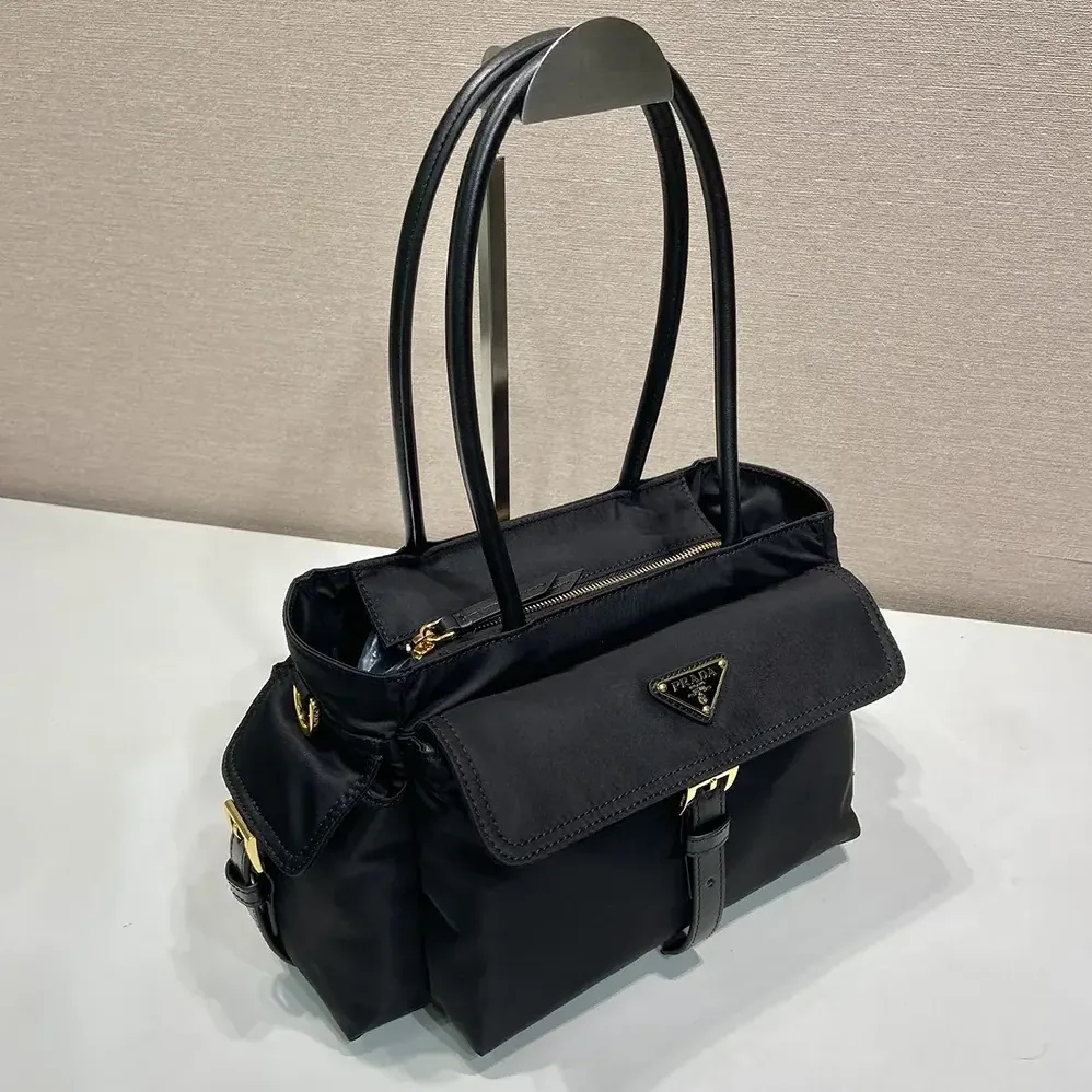 Prada Explore Medium Re-Nylon And Leather Tote Bag for Women in Black