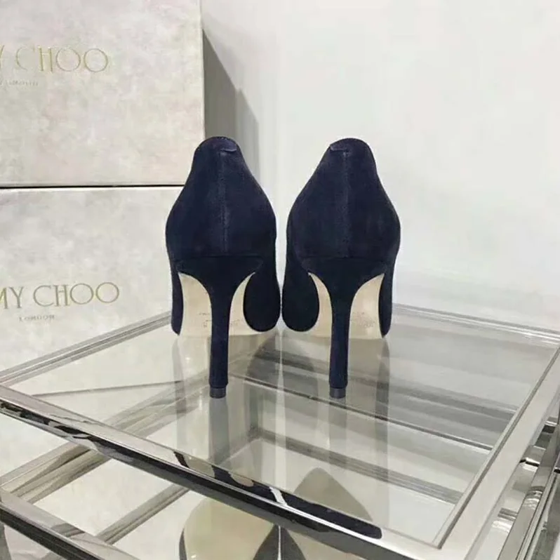 Jimmy Choo Shoes Romy 85 Opal Suede Pointy Toe Pumps for Women in Navy