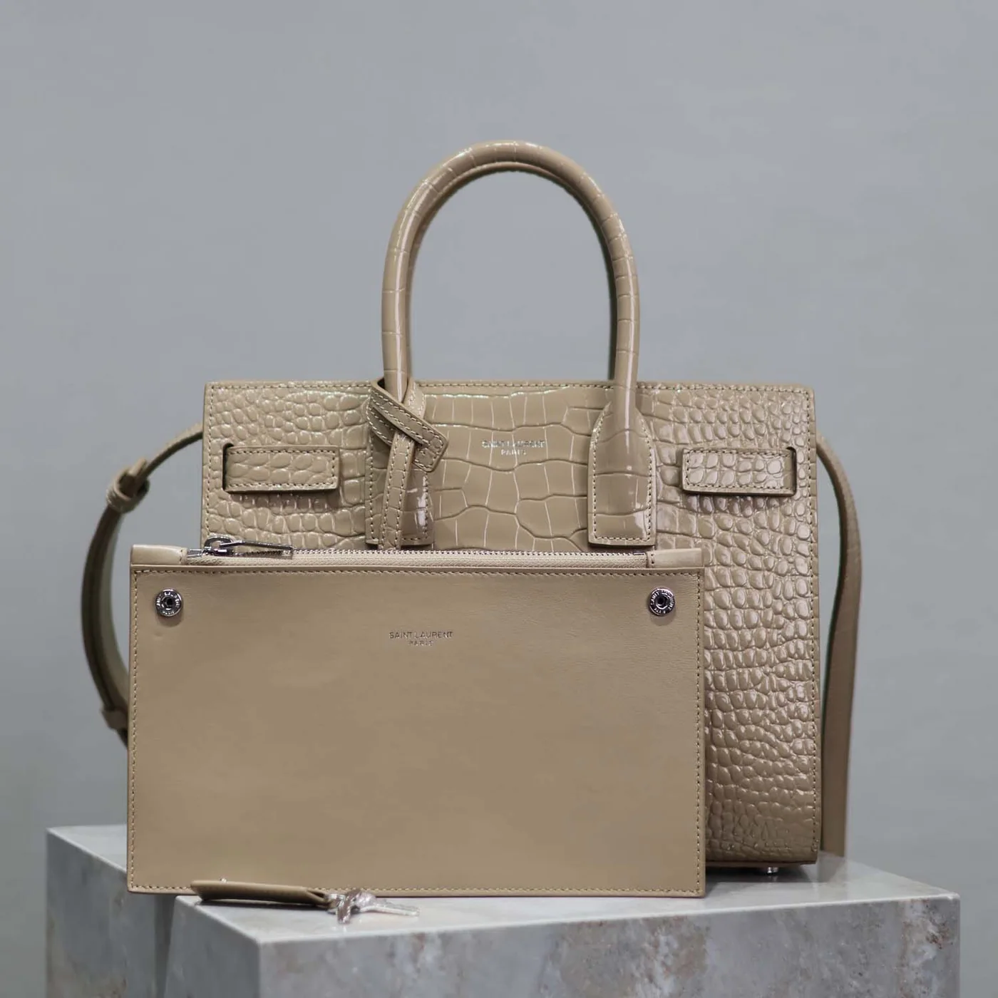 Saint Laurent YSL Sac De Jour in Embossed Crocodile Leather Baby for Women in Sandy Saint Laurent YSL Sac De Jour in Embossed Crocodile Leather Baby for Women in Sandy
