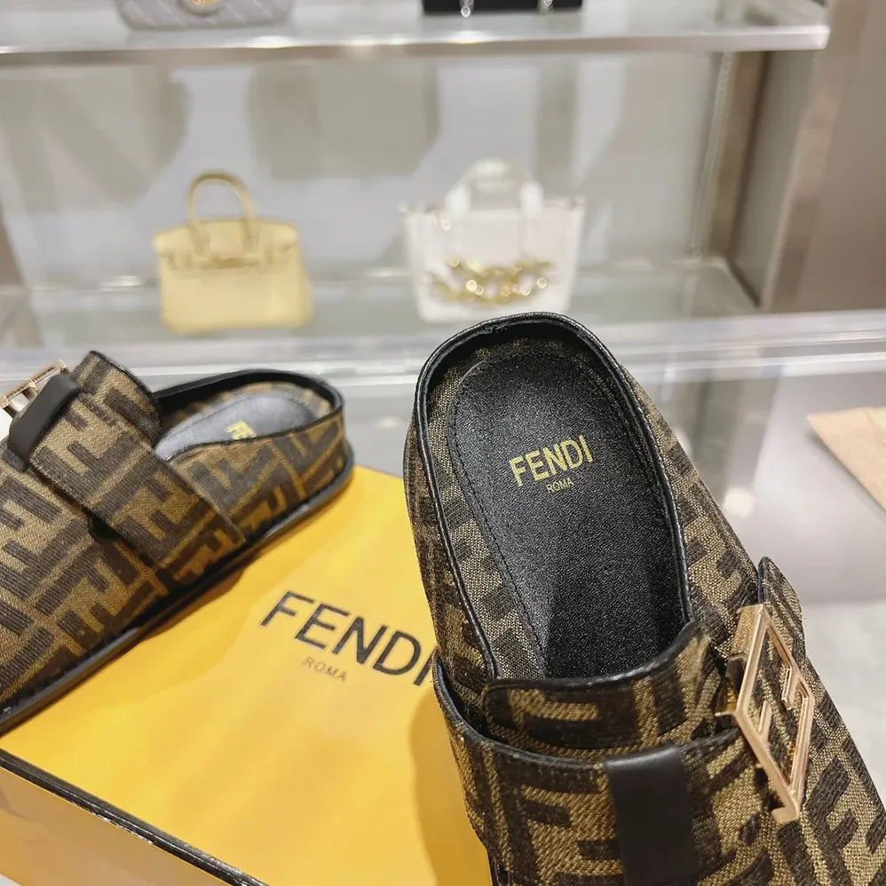 Fendi Feel Brown Fabric Sabots for Unisex