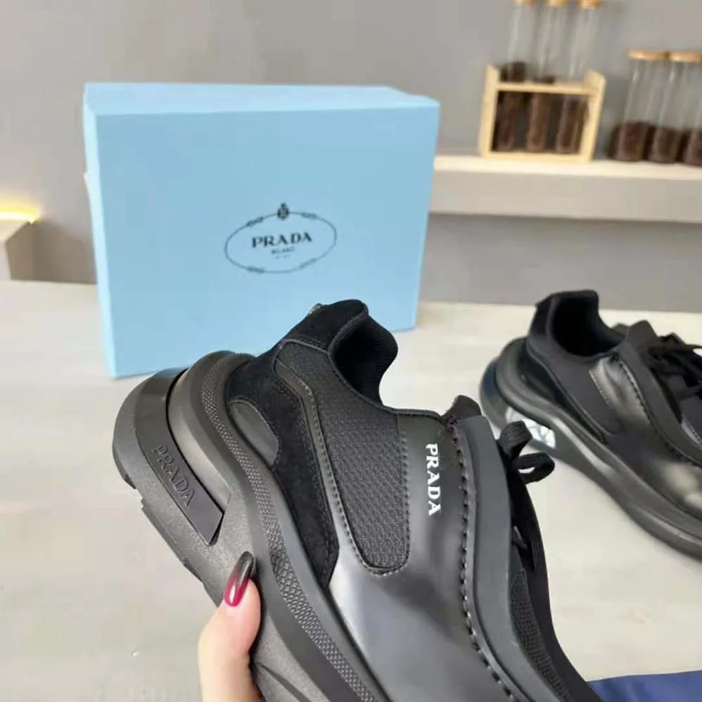 Prada Brushed Leather Sneakers with Bike Fabric and Suede Elements for Men in Black Prada Brushed Leather Sneakers with Bike Fabric and Suede Elements for Men in Black