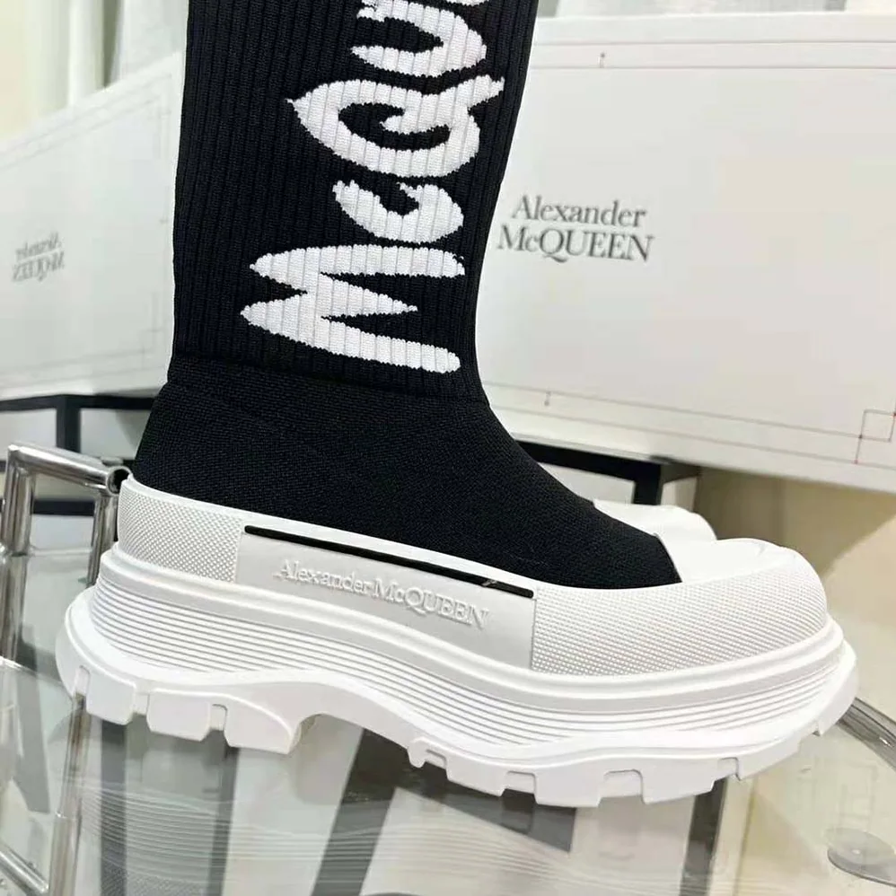 Alexander Mcqueen McQueen Graffiti Knit Tread Slick Boot in Black for Women in White Alexander Mcqueen McQueen Graffiti Knit Tread Slick Boot in Black for Women in White