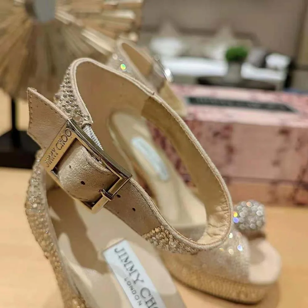 Jimmy Choo Socorie 120 Honey Gold Suede Platform Sandals with Crystals for Women