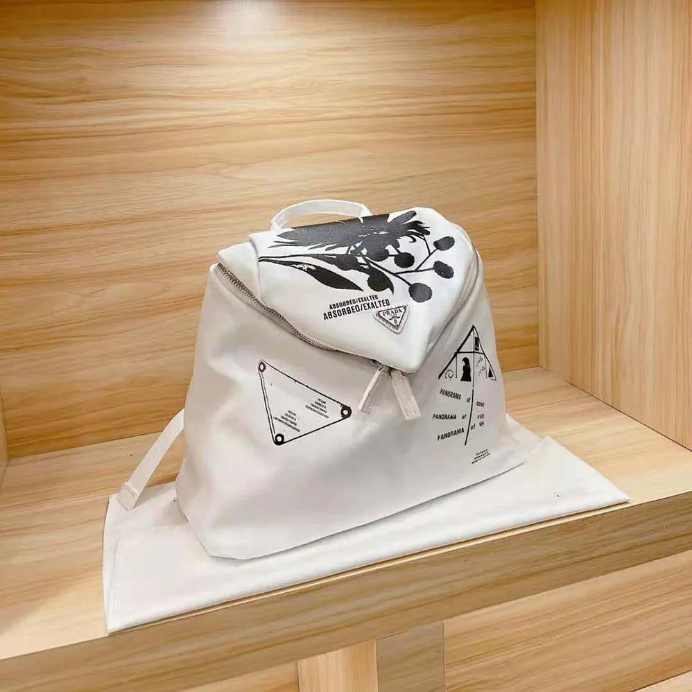 Prada Signaux Printed Nylon Backpack for Women in White Prada Signaux Printed Nylon Backpack for Women in White