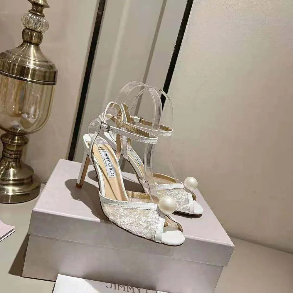 Jimmy Choo Sacora 85 Ivory Floral Lace Sandals with Pearl Detail for Women