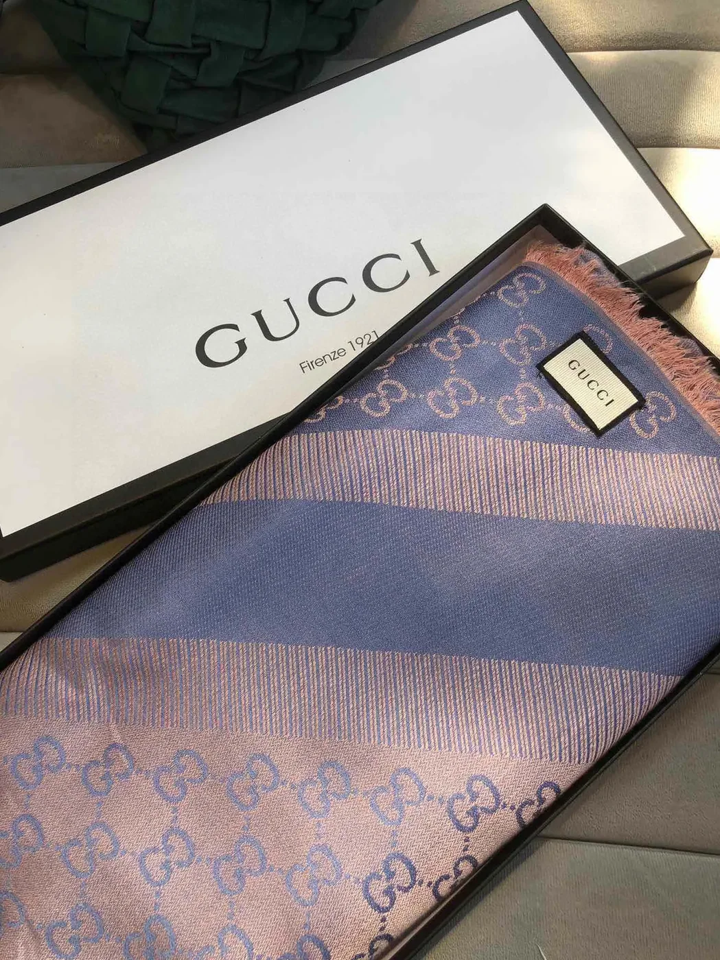 Gucci GG Jacquard Silk Wool Shawl Blue / Gucci GG Jacquard Silk Wool Shawl Blue /
