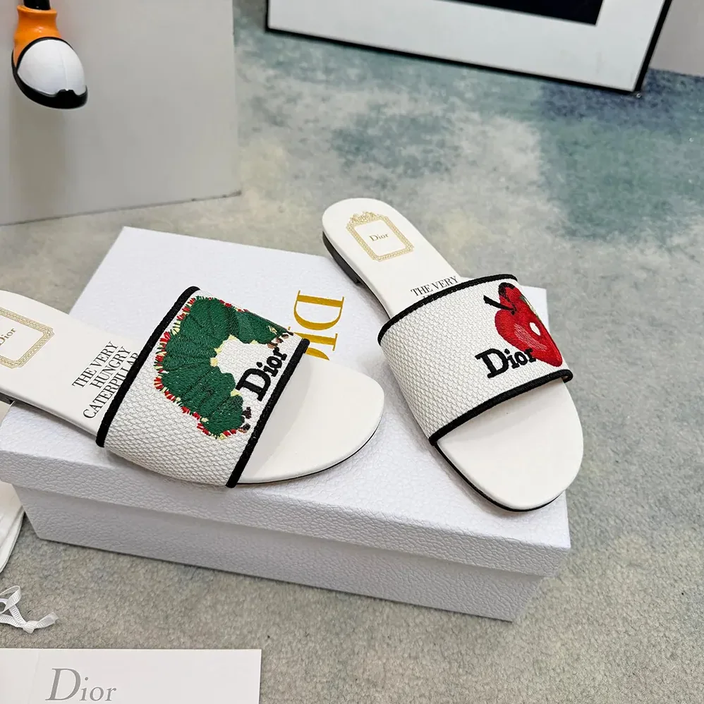 Dior Dway Slide White Embroidered Cotton and Multicolor Book Cover Motif for Women Dior Dway Slide White Embroidered Cotton and Multicolor Book Cover Motif for Women