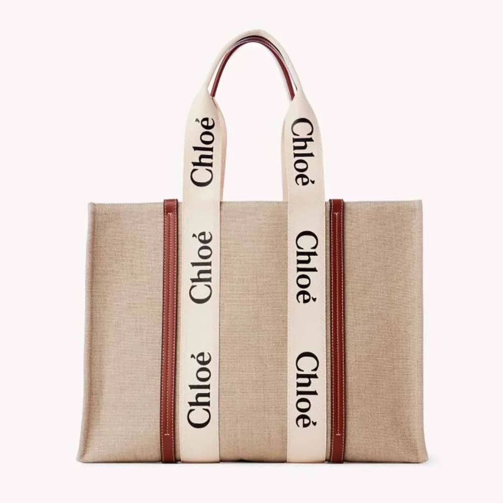 Chloe Large Woody Tote Bag in Linen Canvas and Shiny Calfskin with Woody Ribbon for Women Chloe Large Woody Tote Bag in Linen Canvas and Shiny Calfskin with Woody Ribbon for Women