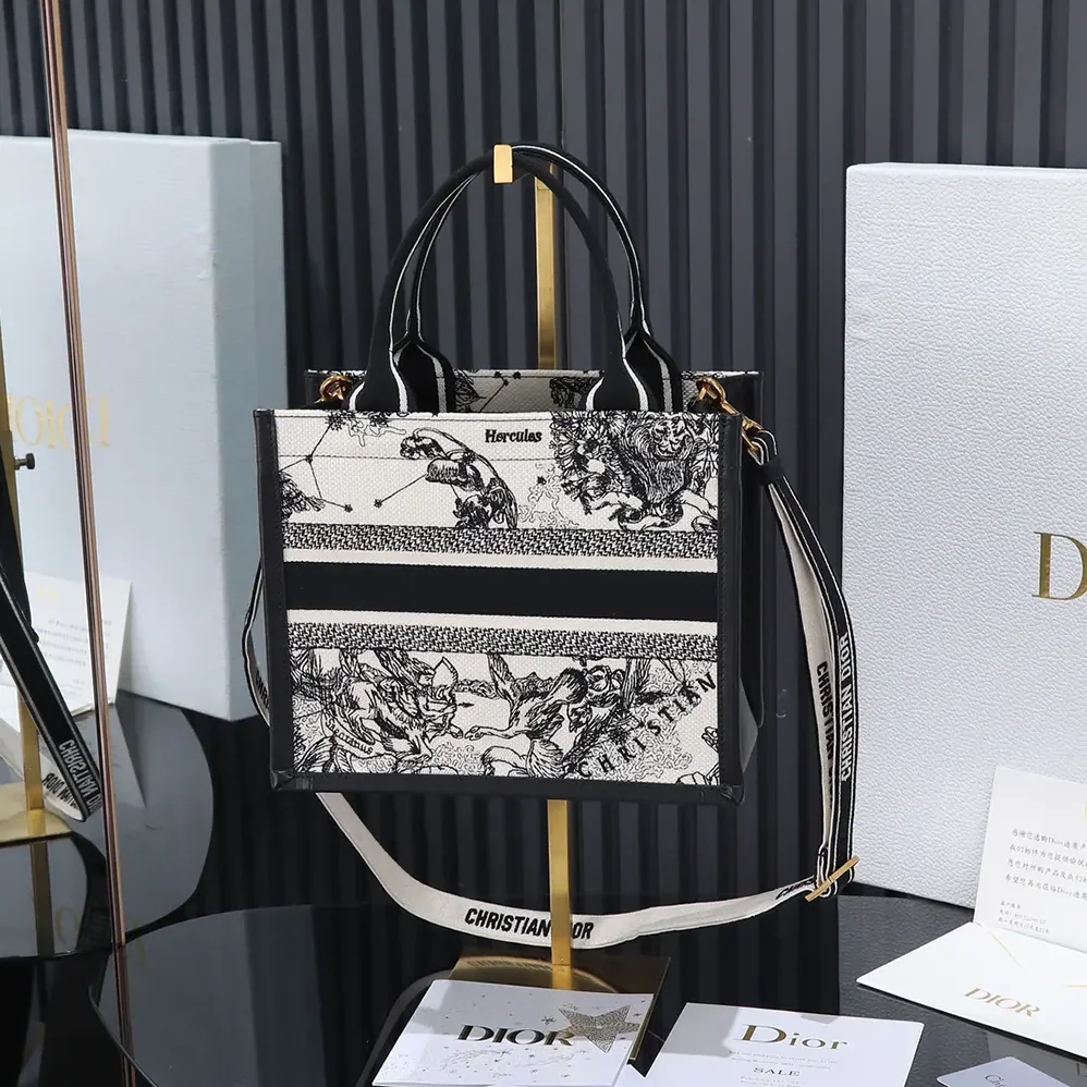 Dior Small Dior Book Tote Latte and Black Dior Zodiac Embroidery with Black Calfskin for Women Dior Small Dior Book Tote Latte and Black Dior Zodiac Embroidery with Black Calfskin for Women