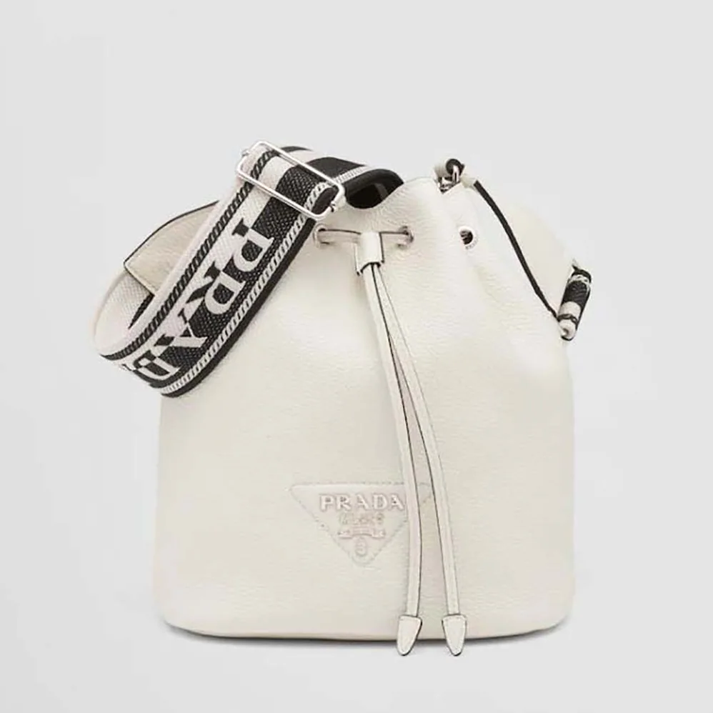 Prada Leather Bucket Bag with A Soft Silhouette for Women in White Prada Leather Bucket Bag with A Soft Silhouette for Women in White
