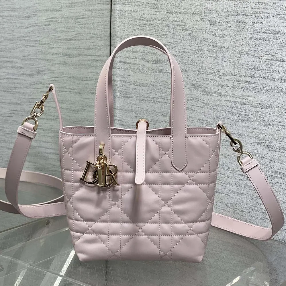 Dior Small Dior Toujours Vertical Tote Bag Pale Pink Macrocannage Calfskin for Women