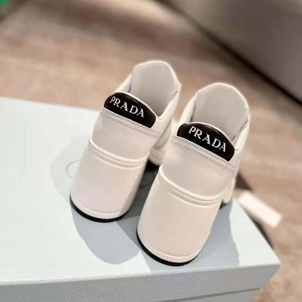 Prada Downtown High-Heeled Leather Sneakers for Women in White Prada Downtown High-Heeled Leather Sneakers for Women in White