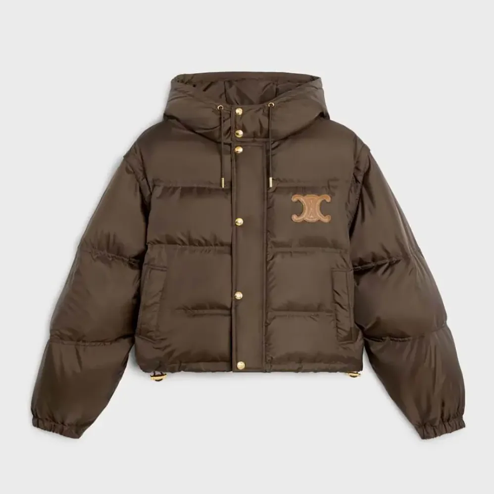 Celine Triomphe Cropped Down Jacket in Lightweight Nylon for Women in Brown