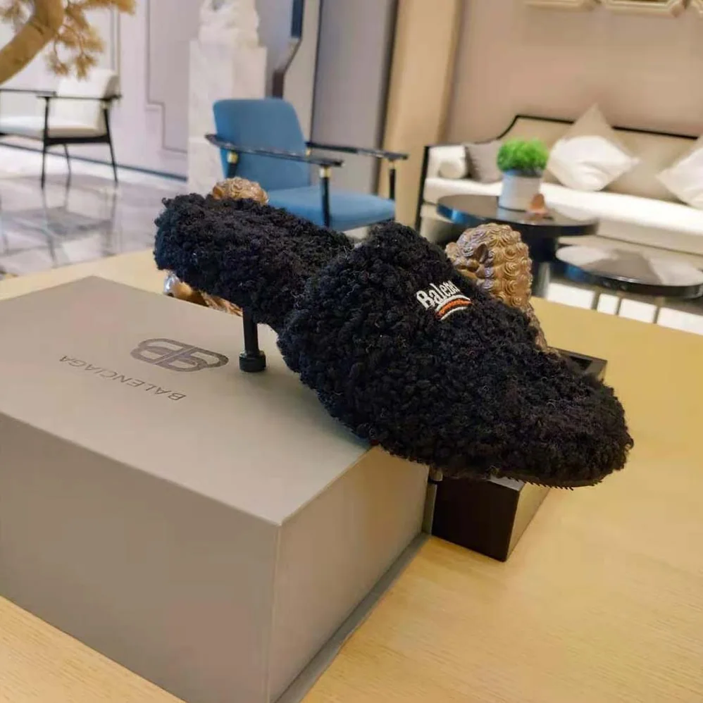 Balenciaga Furry 80mm Sandal in Black Fake Shearling for Women Balenciaga Furry 80mm Sandal in Black Fake Shearling for Women