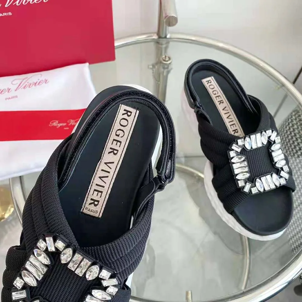 Roger Vivier Viv' Run Light Strass Buckle Sandals in Fabric for Women in Black Roger Vivier Viv' Run Light Strass Buckle Sandals in Fabric for Women in Black